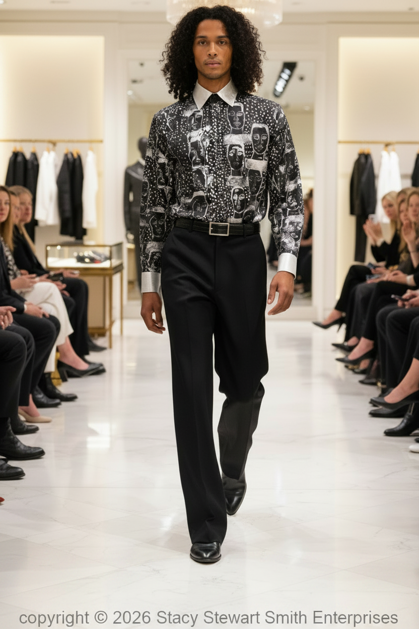 Stacy Stewart Smith hand-Painted and hand-printed Pawn in Silver Onyx dress shirt with onyx pants on mannequin 6"3" waling in retail fashion show with spectators. 