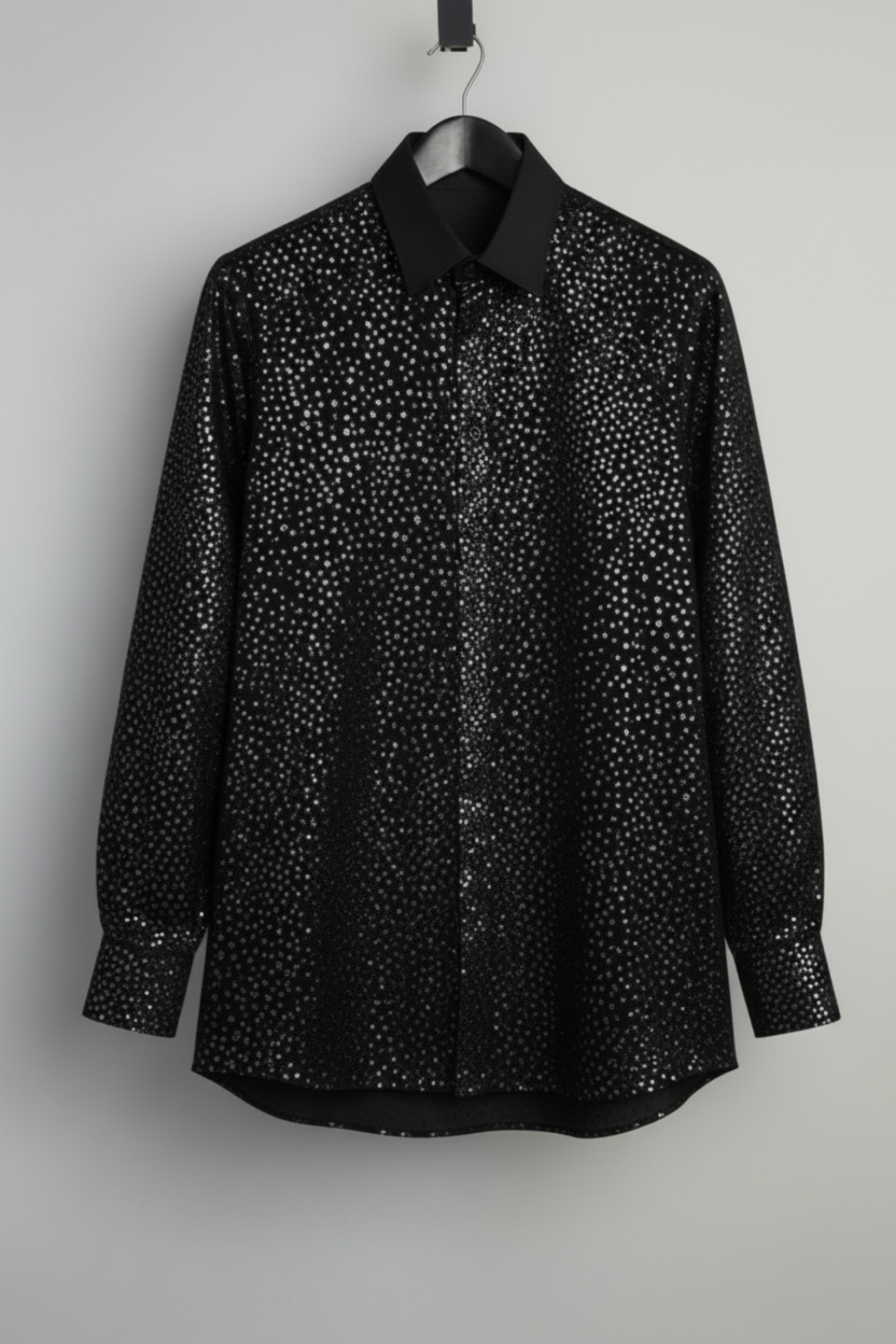 Stacy Stewart Smith Men's Silver Angels Black Premium Cotton Percale Hand-Painted Shirt on a hanger front view against gray backdrop.