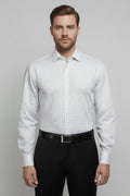 Stacy Stewart Smith Men's Silver Angels White Premium Cotton Percale Hand-Painted Shirt on a mannequin 6'3" front view with gray background.