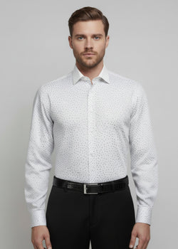 Stacy Stewart Smith Men's Silver Angels White Premium Cotton Percale Hand-Painted Shirt on a mannequin 6'3" front view with gray background.