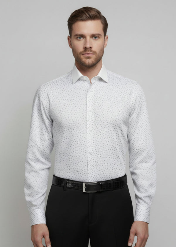 Stacy Stewart Smith Men's Silver Angels White Premium Cotton Percale Hand-Painted Shirt on a mannequin 6'3" front view with gray background.