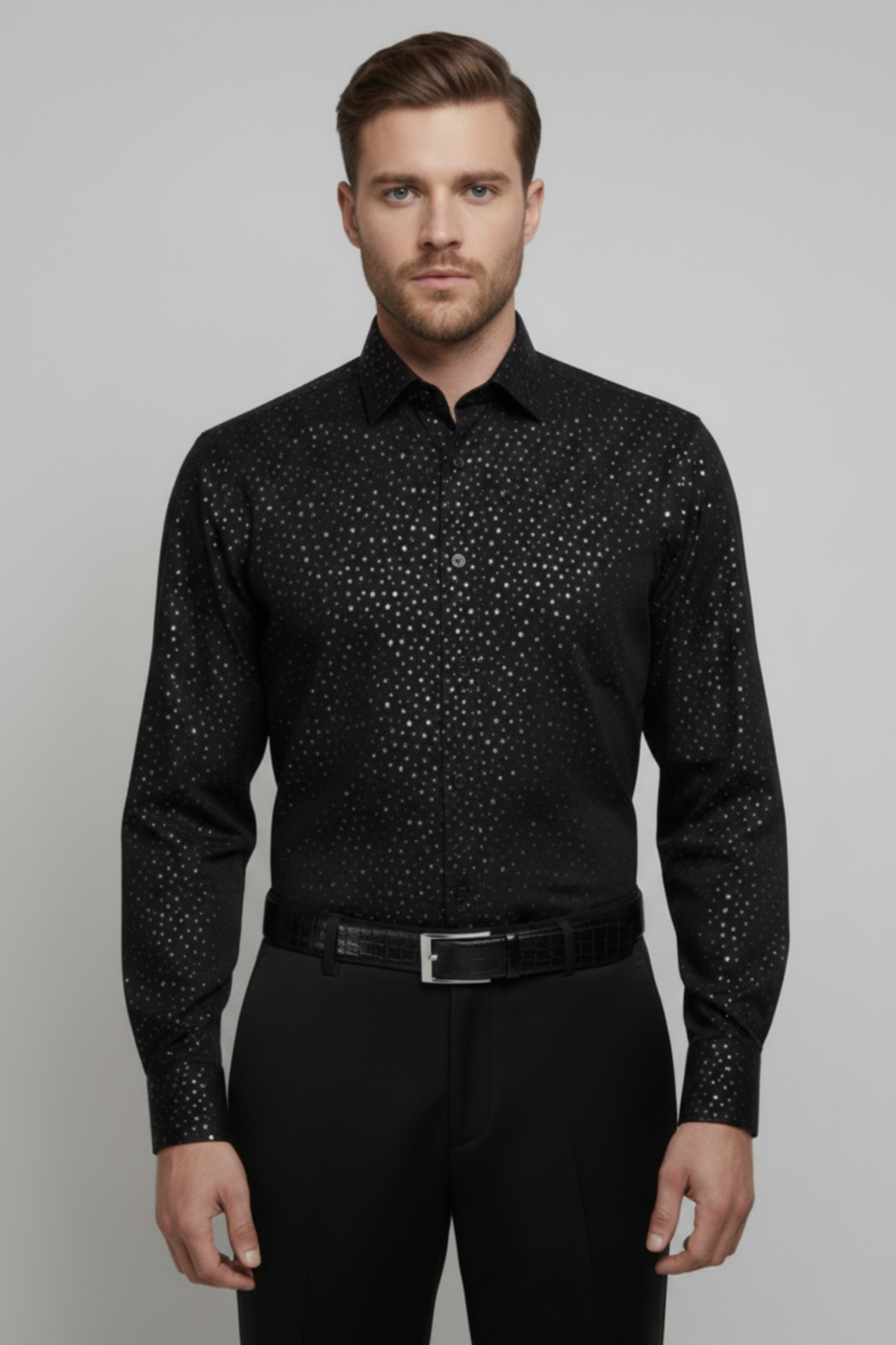 Stacy Stewart Smith Men's Silver Angels Black Premium Cotton Percale Hand-Painted Shirt on a mannequin 6'3" front view with gray background.