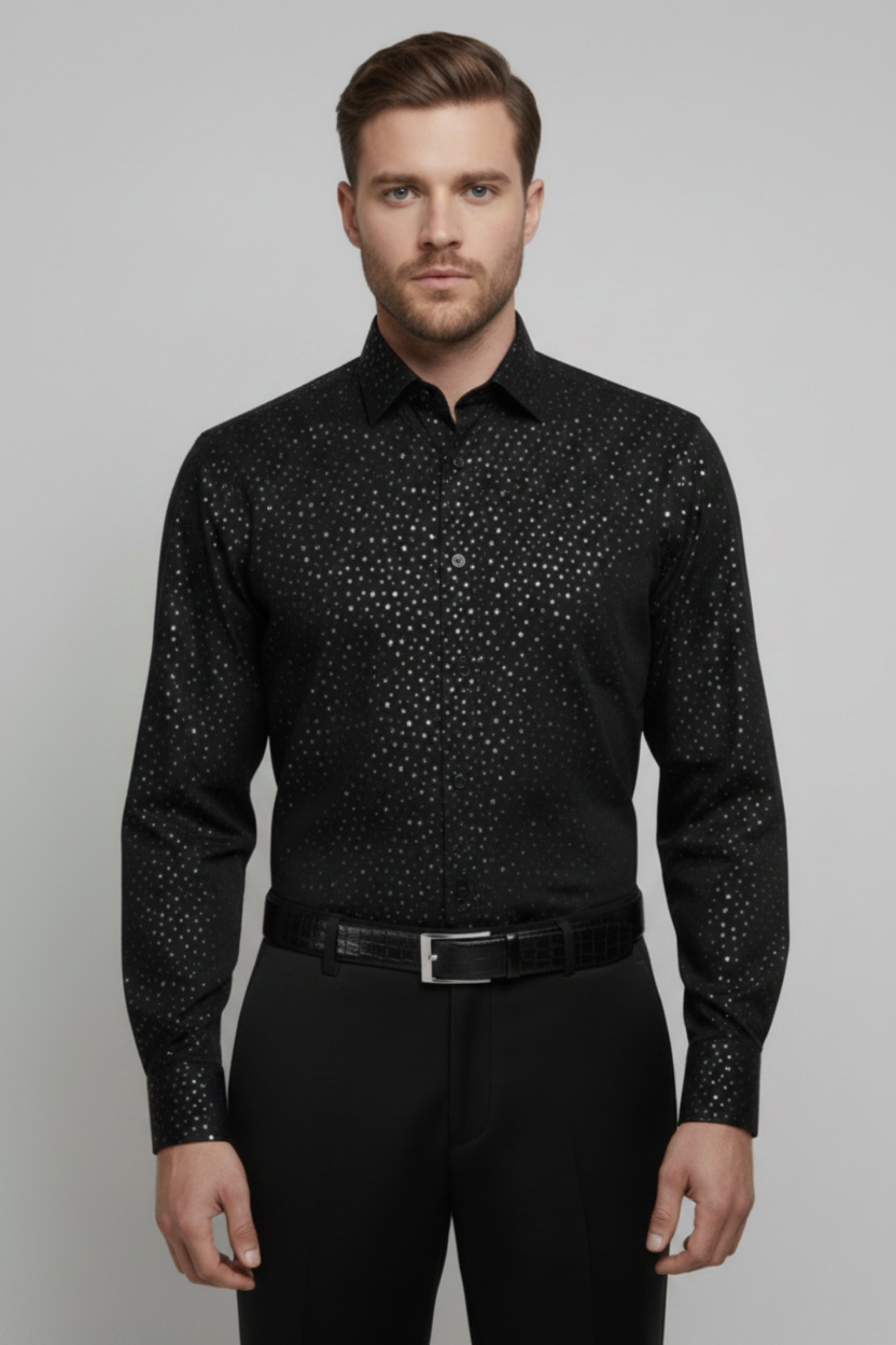 Stacy Stewart Smith Men's Silver Angels Black Premium Cotton Percale Hand-Painted Shirt on a mannequin 6'3" front view with gray background.
