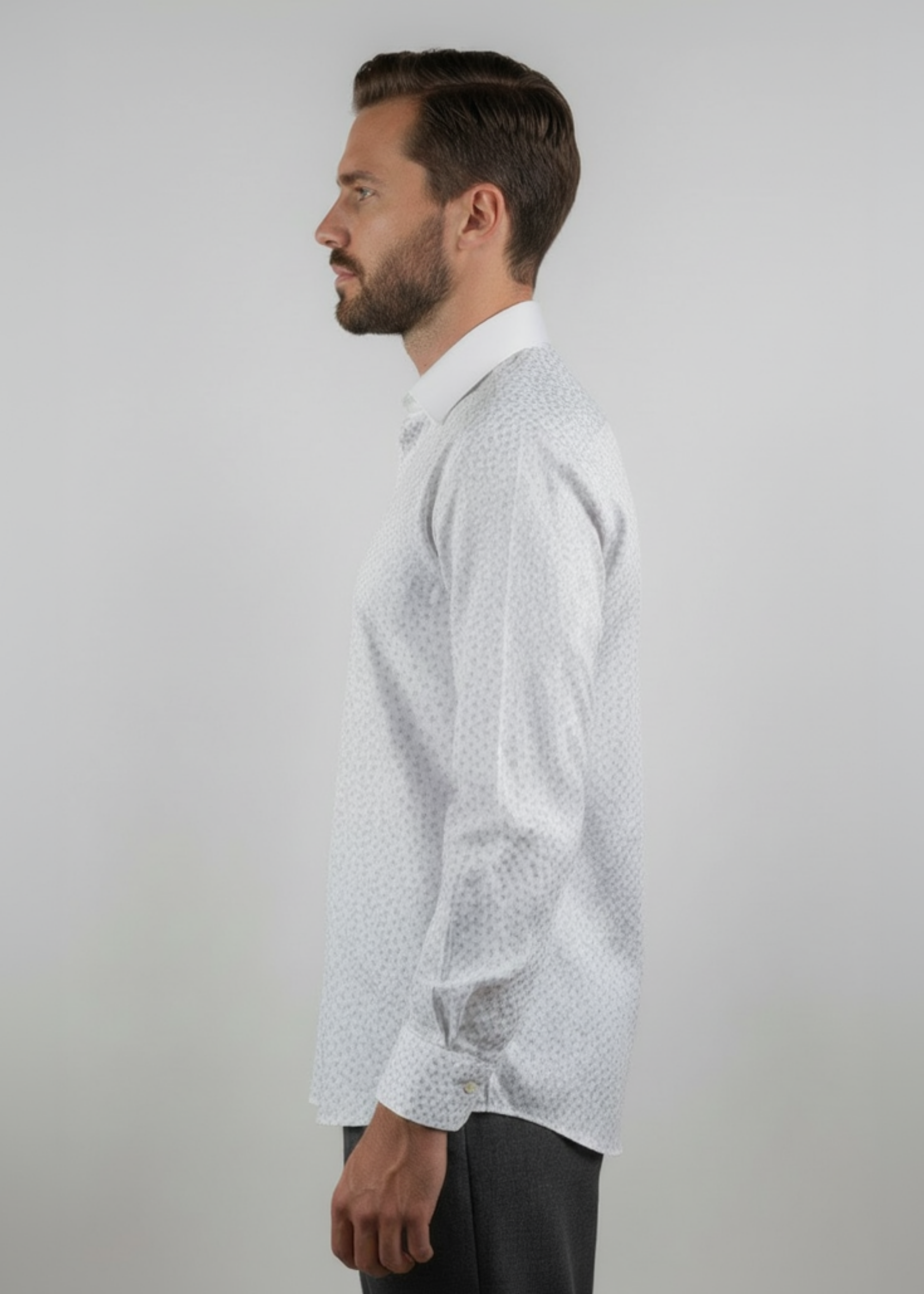 Stacy Stewart Smith Men's Silver Angels White Premium Cotton Percale Hand-Painted Shirt on a glass mannequin 6'3" back view.