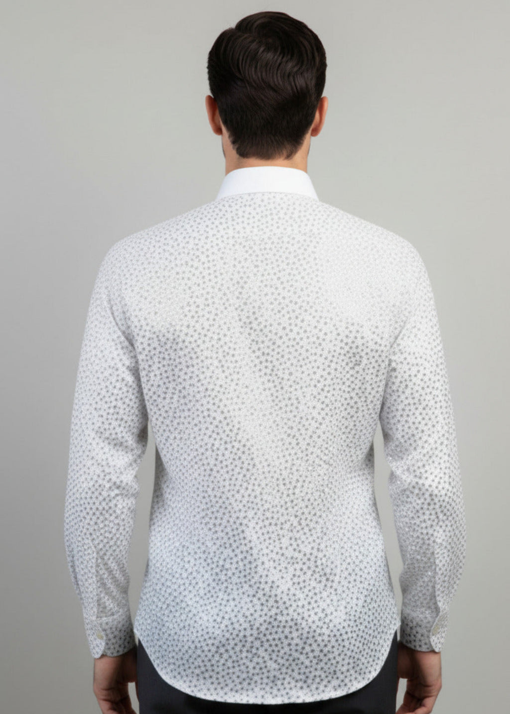 Stacy Stewart Smith Men's Silver Angels White Premium Cotton Percale Hand-Painted Shirt on a glass mannequin 6'3" back view against gray backdrop.