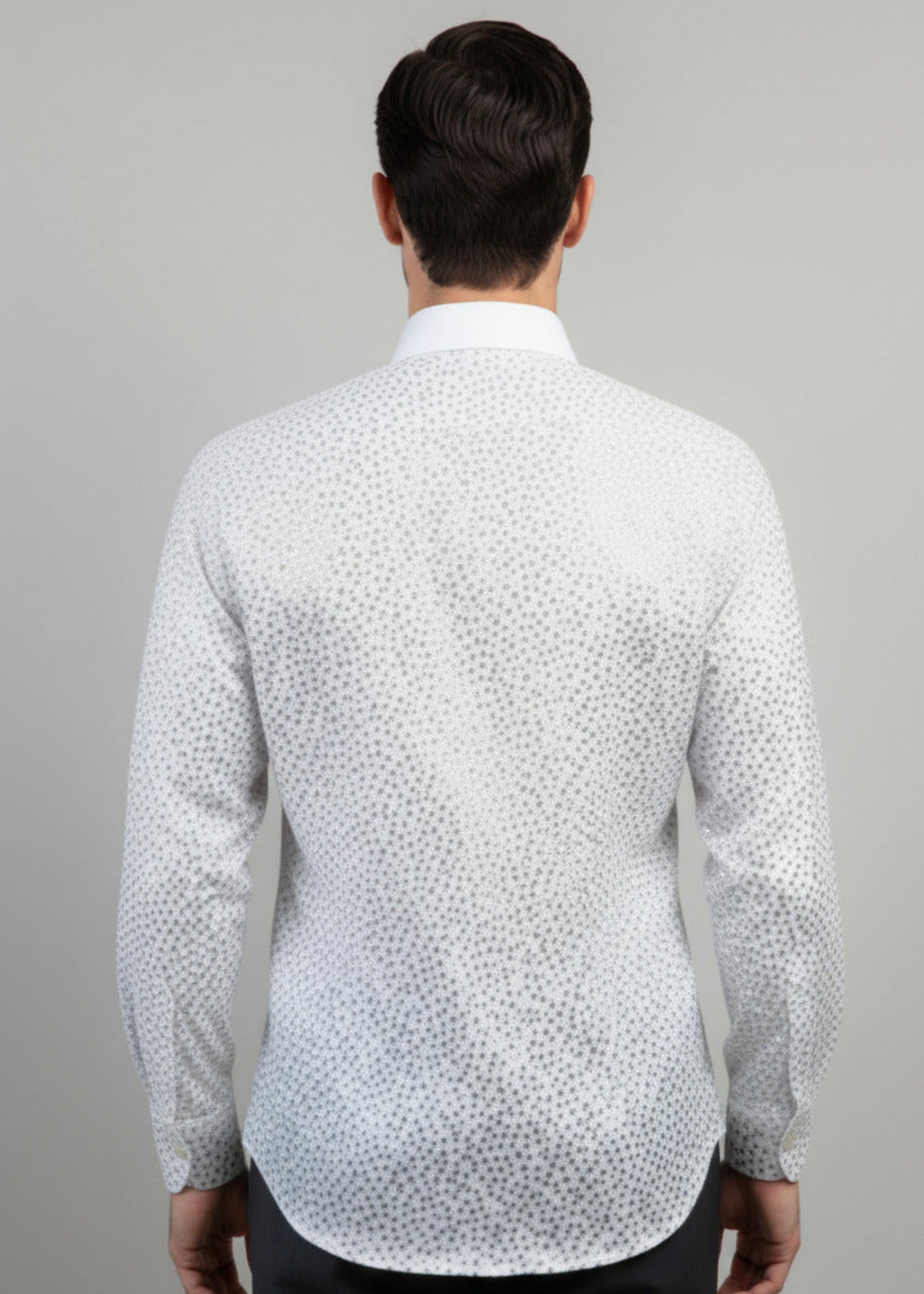 Stacy Stewart Smith Men's Silver Angels White Premium Cotton Percale Hand-Painted Shirt on a glass mannequin 6'3" back view against gray backdrop.