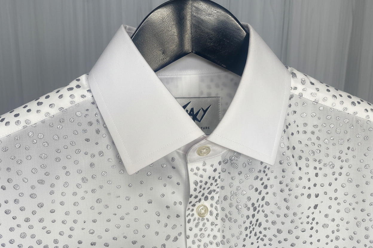 Stacy Stewart Smith Men's Silver Angels White Premium Cotton Percale Hand-Painted Shirt on a hanger zoomed collar front view with white mesh curtain backdrop.