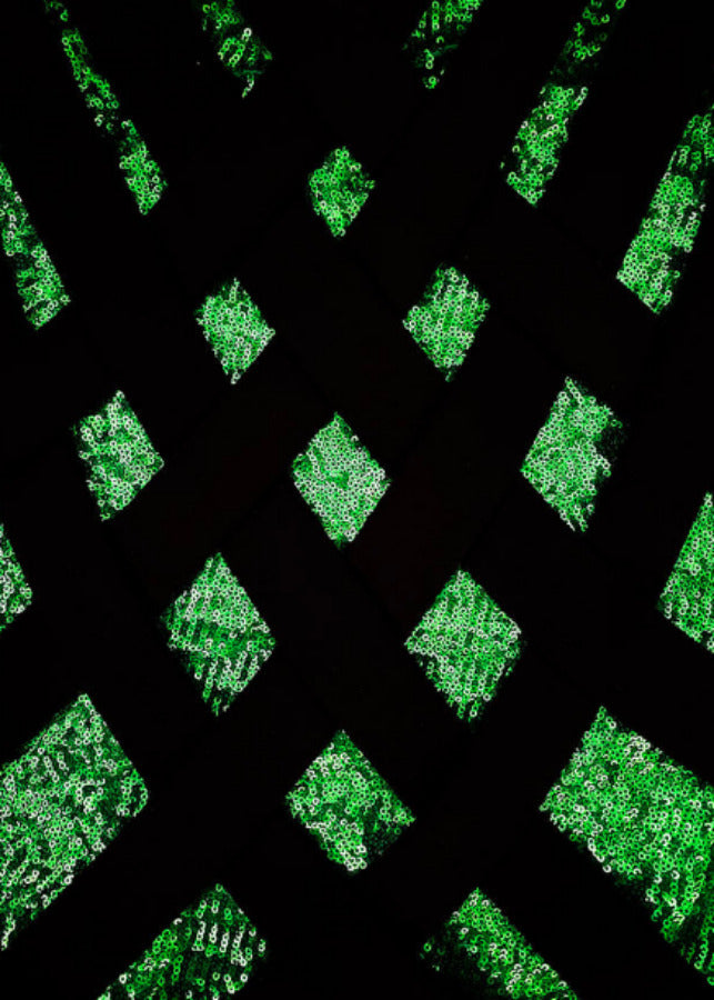Stacy Stewart Smith Example Image of Argyle Labyrinth Onyx-Peridot Limited Edition Print showcasingg green sequins beneath a lattice of black bands.
