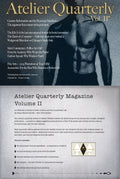 Front cover of Atelier Quarterly Magazine Volume II, featuring a grayscale photo of a shirtless male model wearing a vest and tie, with large gold title text at the top and article teasers and editorial text below.