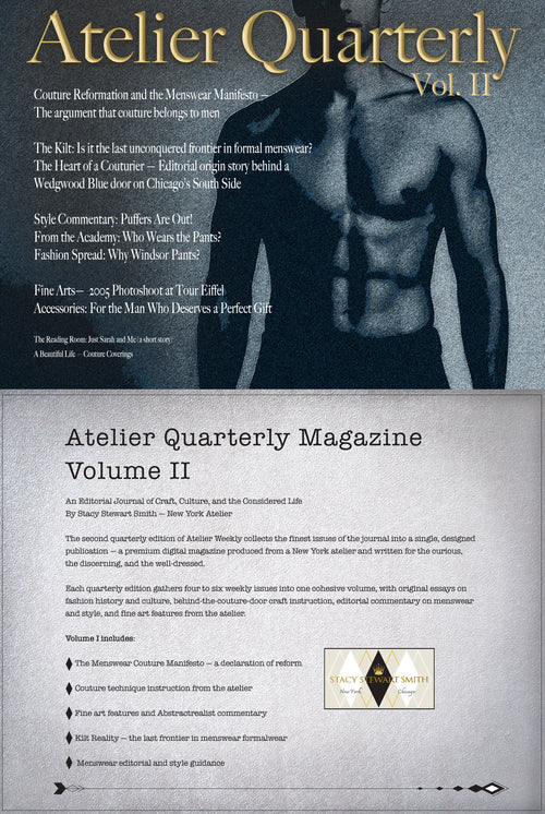 Front cover of Atelier Quarterly Magazine Volume II, featuring a grayscale photo of a shirtless male model wearing a vest and tie, with large gold title text at the top and article teasers and editorial text below.