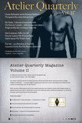 Front cover of Atelier Quarterly Magazine Volume II, featuring a grayscale photo of a shirtless male model wearing pants with large gold title text at the top and article teasers below on a light gray background.