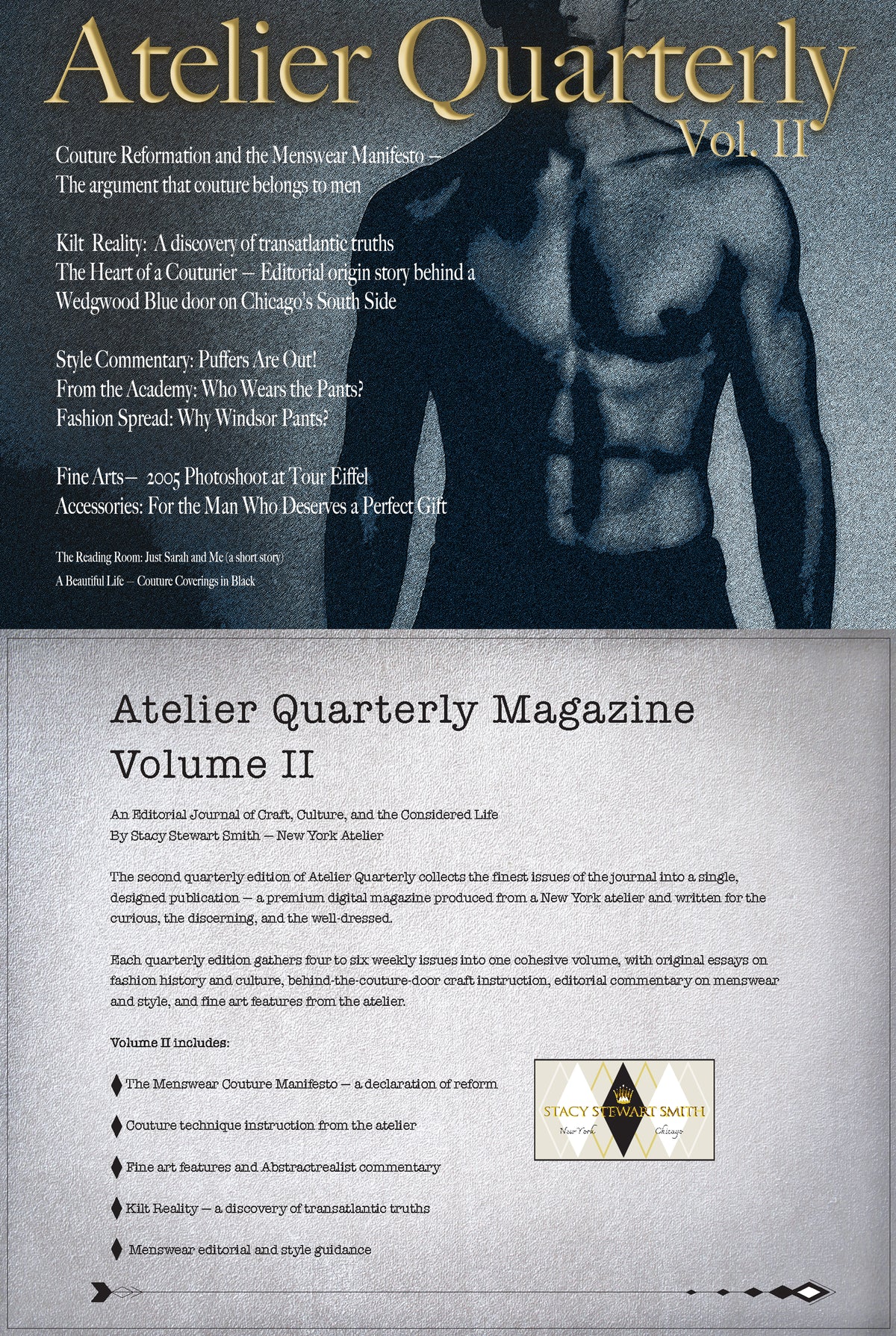 Front cover of Atelier Quarterly Magazine Volume II, featuring a grayscale photo of a shirtless male model wearing pants with large gold title text at the top and article teasers below on a light gray background.
