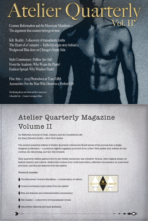 Front cover of Atelier Quarterly Magazine Volume II, featuring a grayscale photo of a shirtless male model wearing pants with large gold title text at the top and article teasers below on a light gray background.