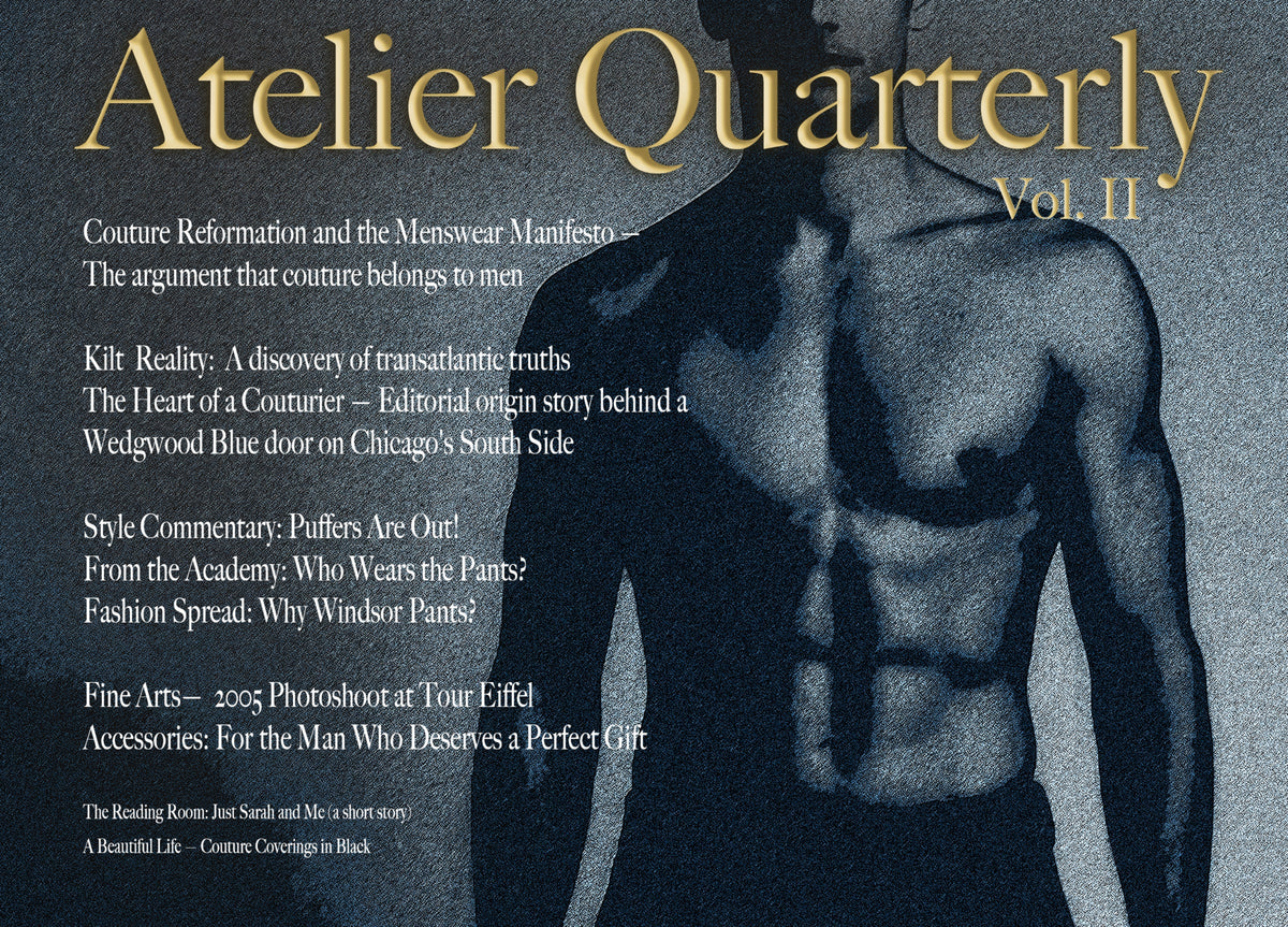A book or magazine cover titled "Atelier Quarterly Vol. II" with a dark blue-toned muscular male torso illustration and white and gold text listing article titles on a black background.