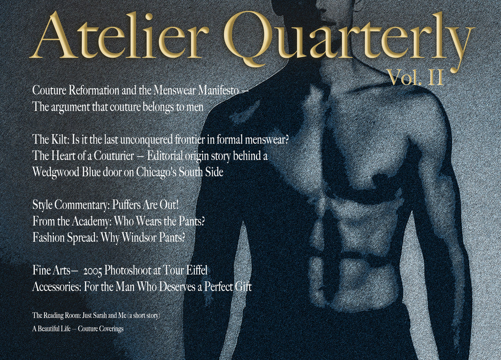A book or magazine cover titled "Atelier Quarterly Vol. II" with a dark blue-toned photo of a muscular male torso and white and gold text on a textured background.