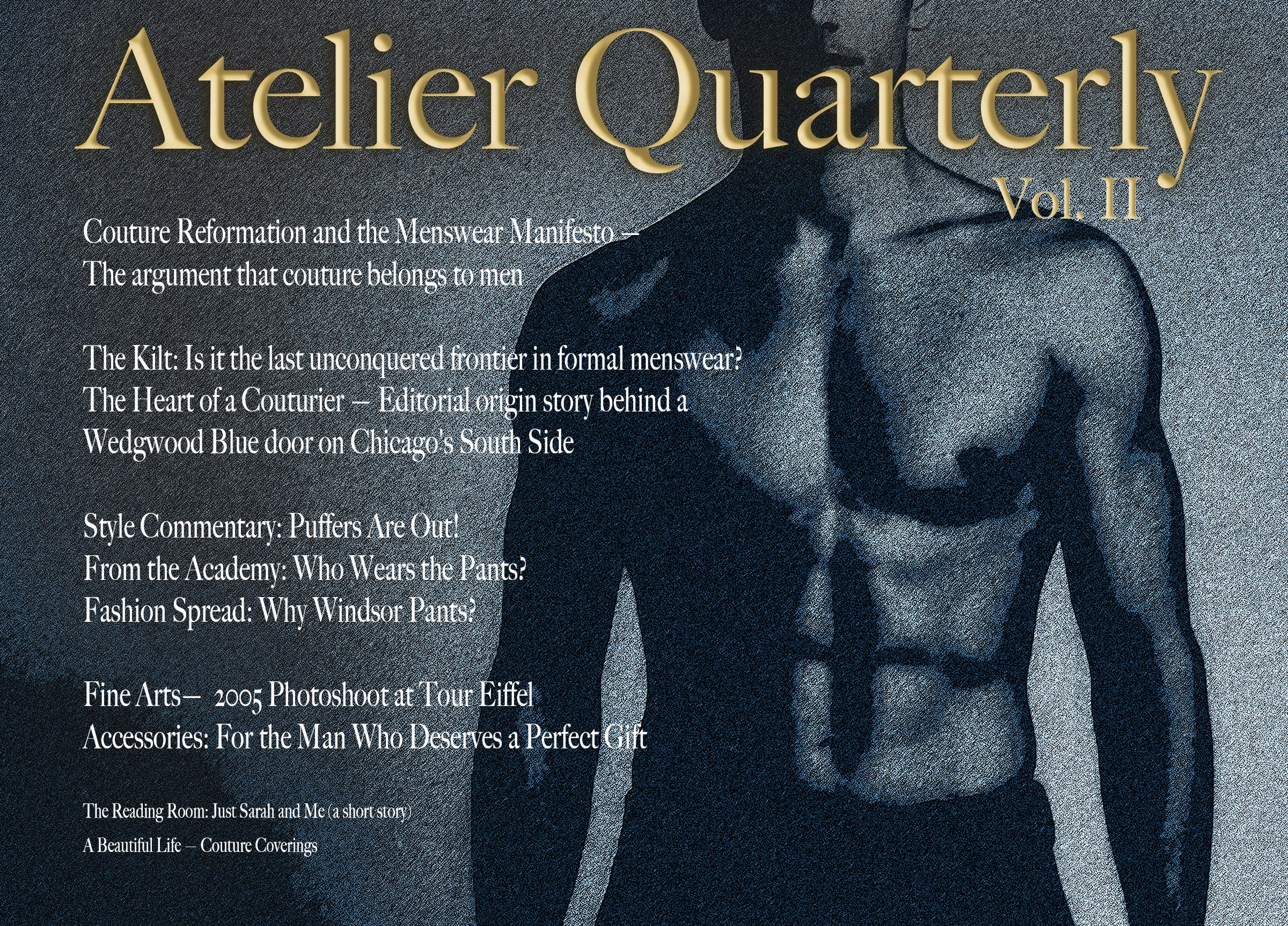 A book or magazine cover titled "Atelier Quarterly Vol. II" with a dark blue-toned photo of a muscular male torso and white and gold text on a textured background.