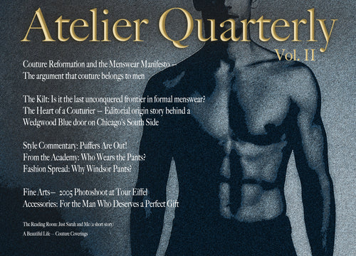 A book or magazine cover titled "Atelier Quarterly Vol. II" with a dark blue-toned photo of a muscular male torso and white and gold text on a textured background.