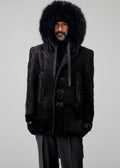Stacy Stewart Smith Men's Black Knight Faux Persian Lamb Coat in Coal Black, with hood on shown on mannequin at 6'3