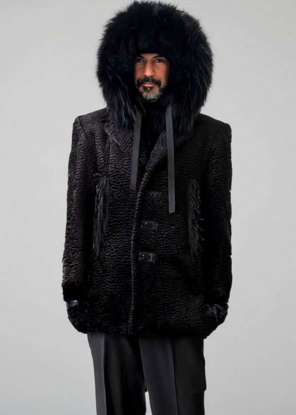 Stacy Stewart Smith Men's Black Knight Faux Persian Lamb Coat in Coal Black, with hood on shown on mannequin at 6'3