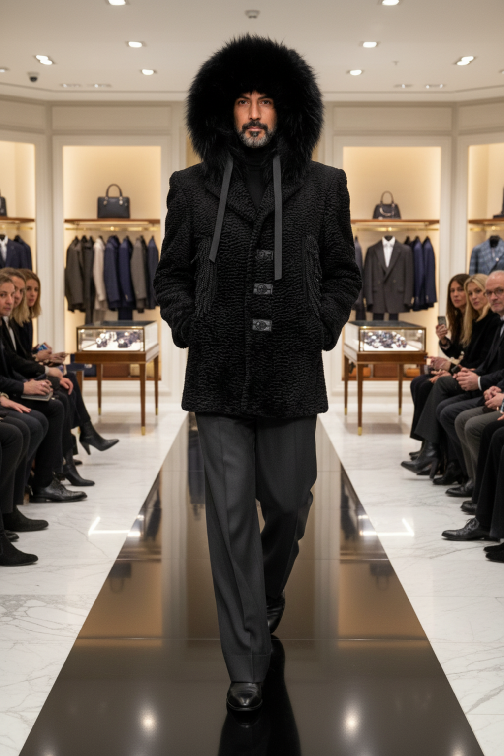 Stacy Stewart smith Black Knight Edwardian Faux Persian Lamb Coat on mannequin 6'3"with a fur hood in a high-end clothing store
