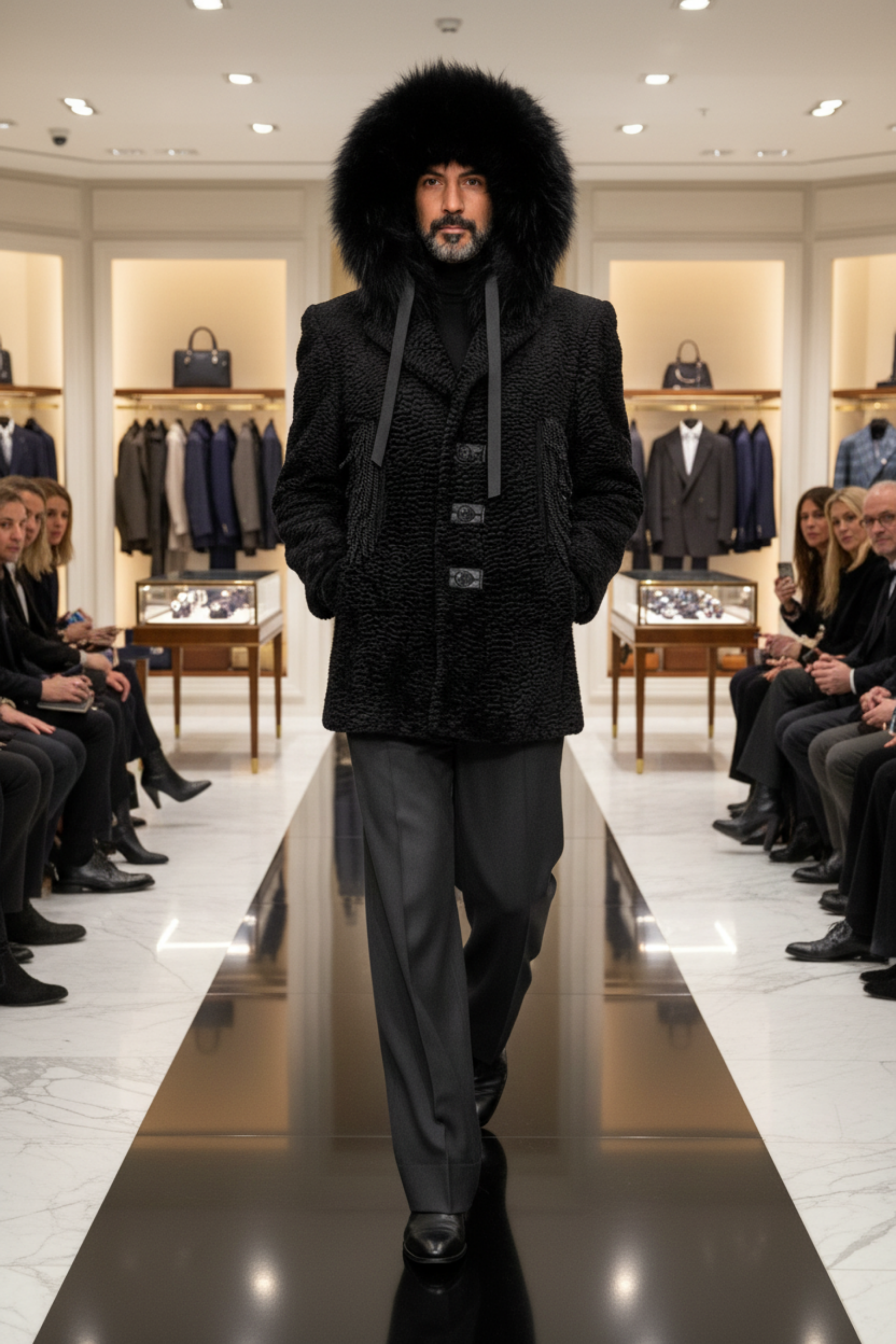 Stacy Stewart smith Black Knight Edwardian Faux Persian Lamb Coat on mannequin 6'3"with a fur hood in a high-end clothing store