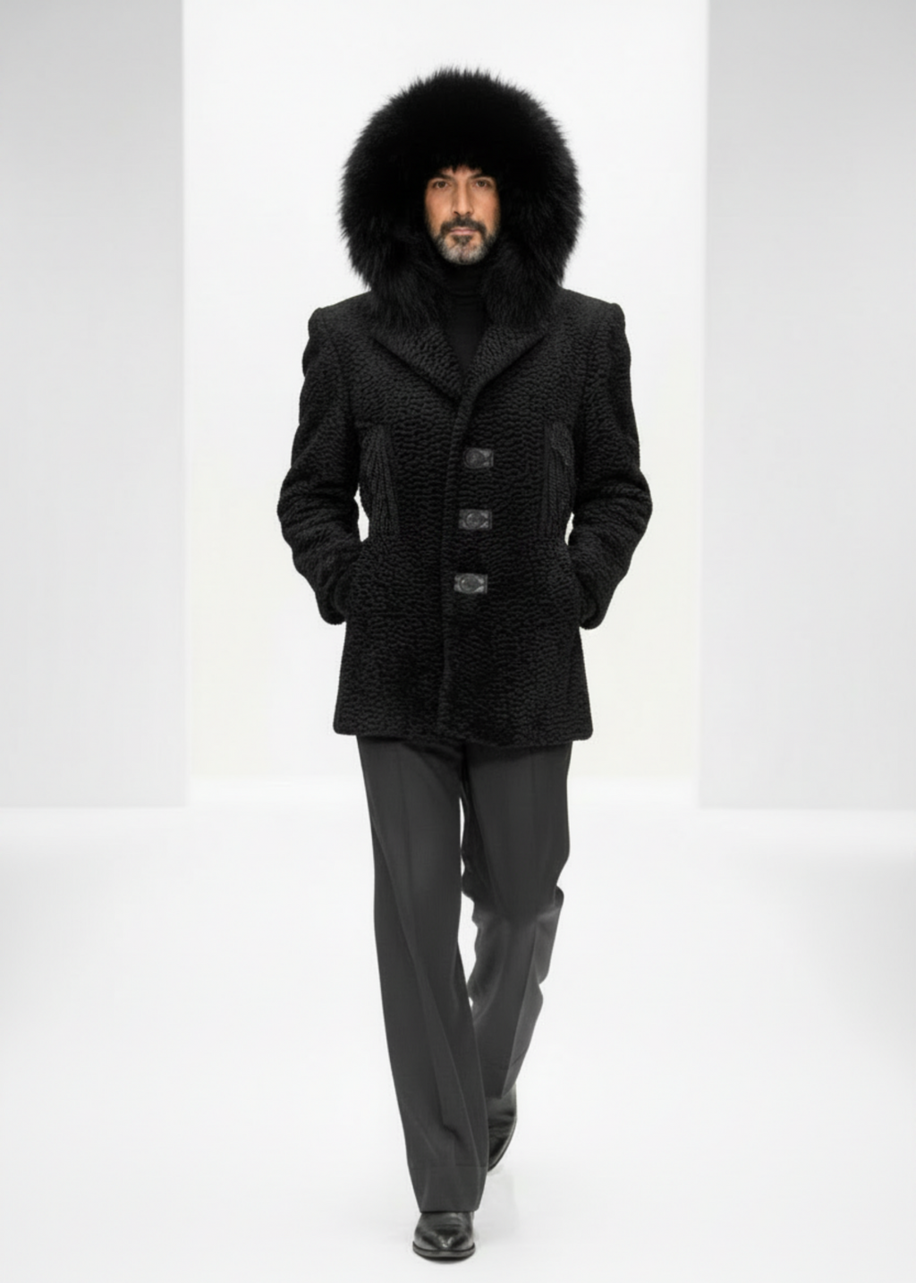 Stacy Stewart smith Black Knight Edwardian Faux Persian Lamb Coat on mannequin 6'3"with a fur hood in a high-end clothing store with white background.