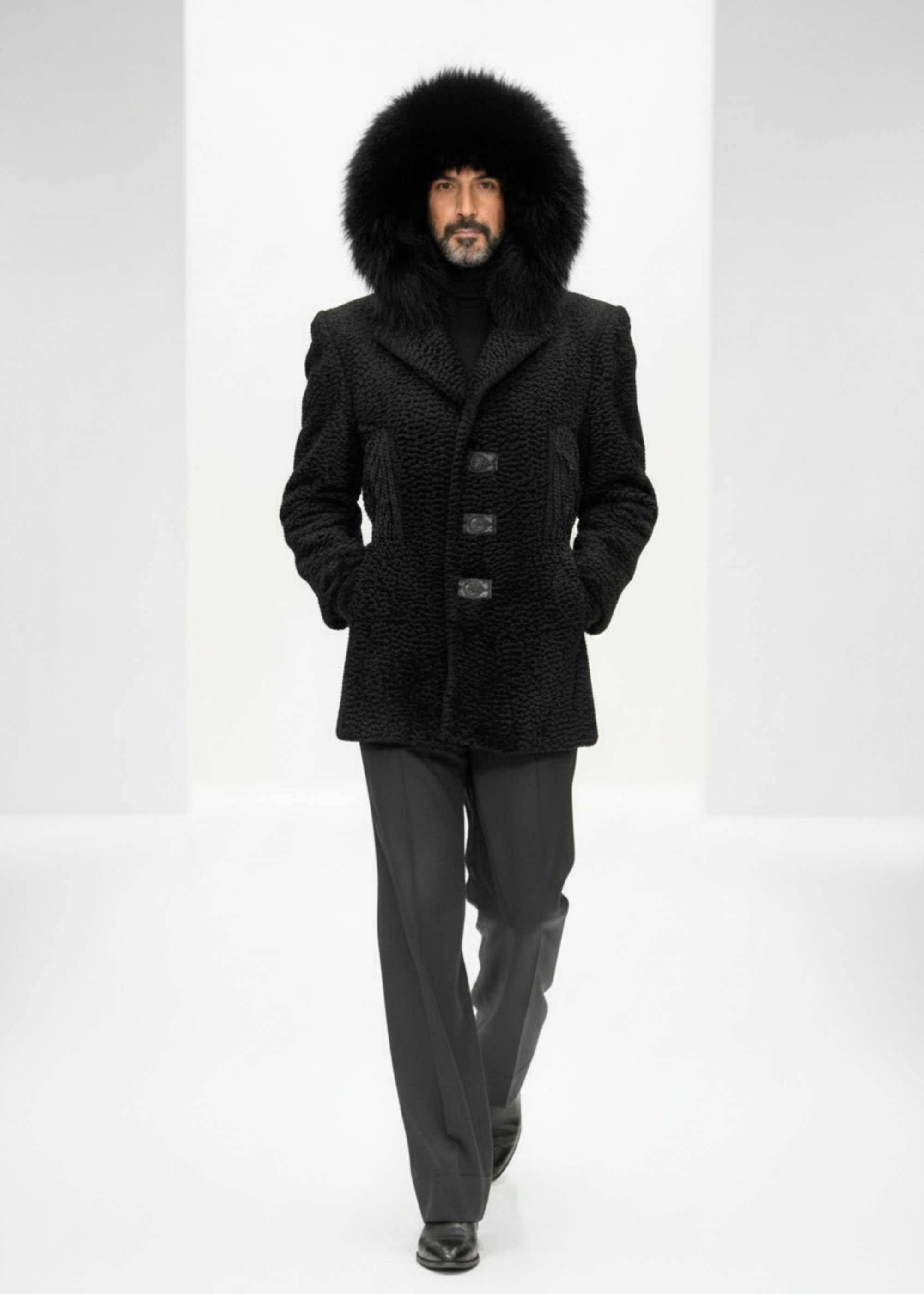 Stacy Stewart smith Black Knight Edwardian Faux Persian Lamb Coat on mannequin 6'3"with a fur hood in a high-end clothing store with white background.