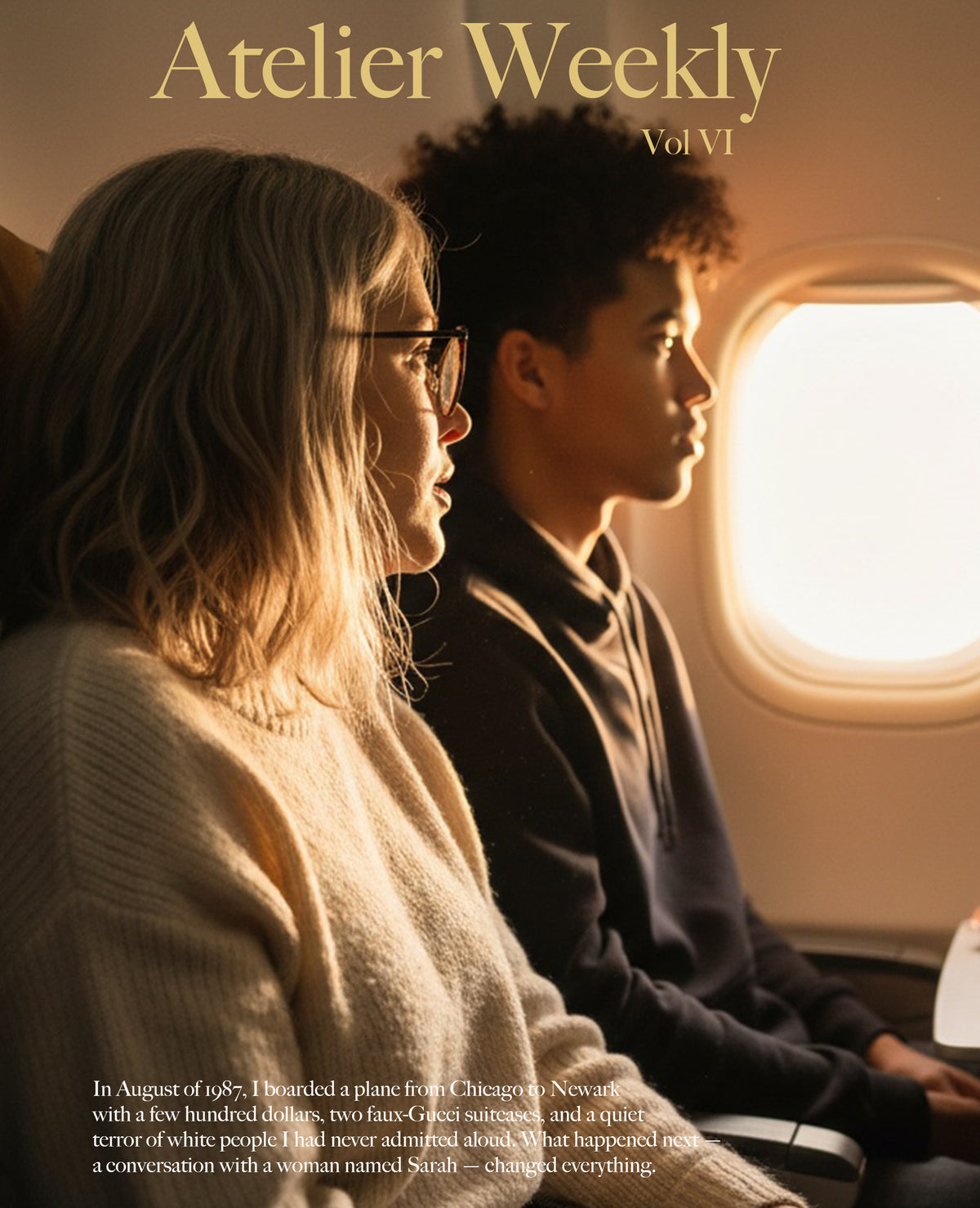 A magazine or book cover titled "Atelier Weekly Vol VI" showing two people seated in an airplane cabin, with warm golden light from the window and small text blocks at the top and bottom.
