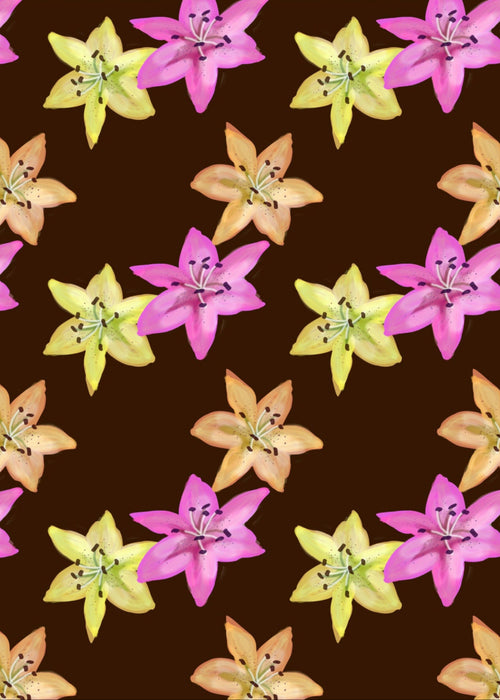 Stacy Stewart Smith's digital floral pattern created in Adobe Photoshop. Pattern of pink, yellow, and orange flowers on a brown background