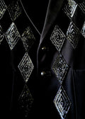 Example of Stacy Stewart Smith Harlequin Blazer-Onyx | Limited Edition Digital Collectible shows the diamond beaded arrangement of the intricate beaded and sequins n the knit couture garment.