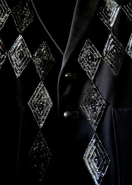 Example of Stacy Stewart Smith Harlequin Blazer-Onyx | Limited Edition Digital Collectible shows the diamond beaded arrangement of the intricate beaded and sequins n the knit couture garment.