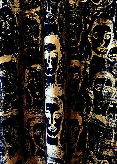 Example of Stacy Stewart Smith — Pawns In Gold-Onyx | Limited Edition Digital Collectible as a zoomed area of the hand painted and printed gold on black cotton self portrait images of the artist and designer.
