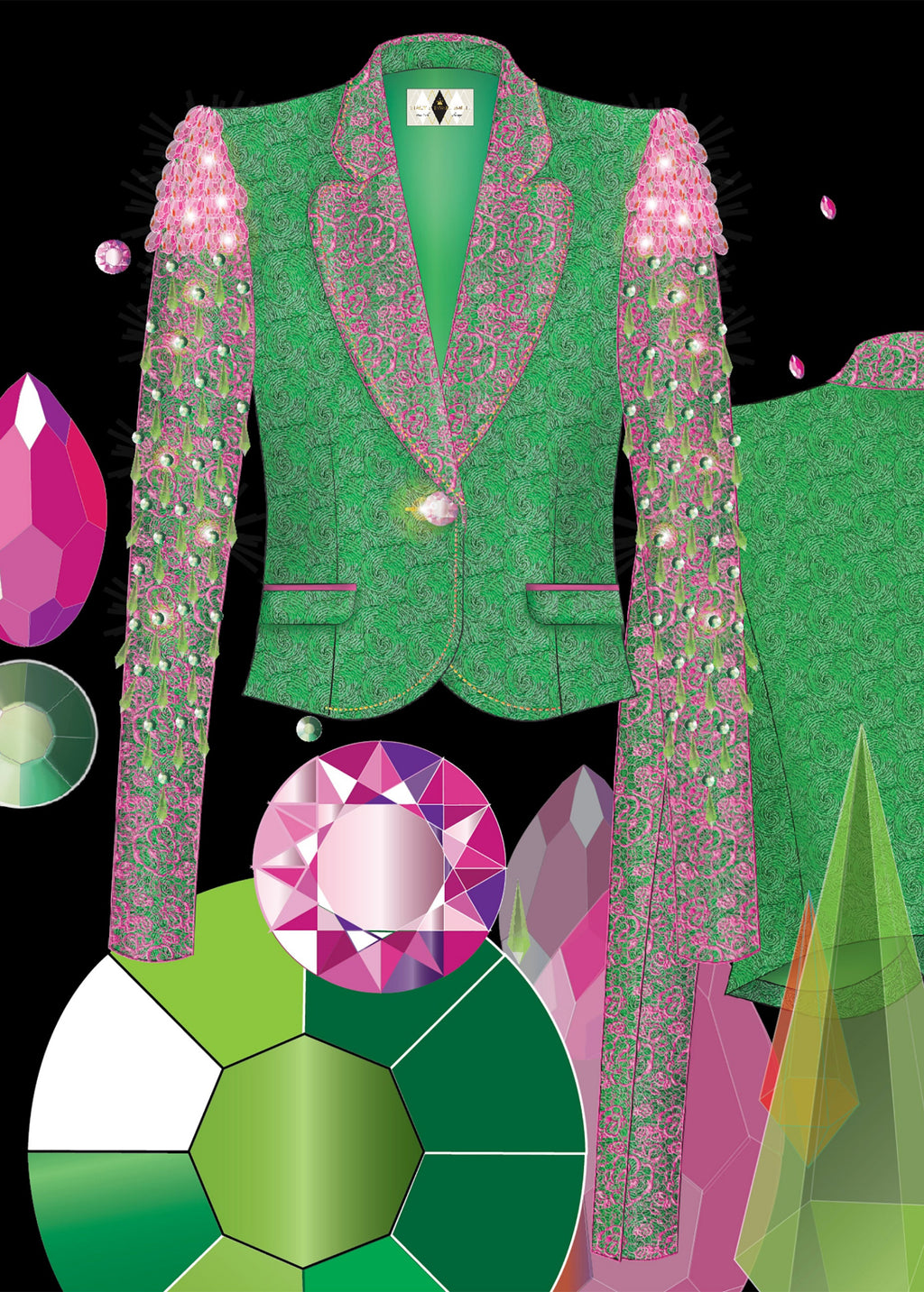 Digital fashion illustration of a couture green silk boucle matador jacket with crystal beads and rhinestones over pink re-embroidered Alencon lace sleeves by Stacy Stewart Smith on a black background with exampled crystal illustrations floating.