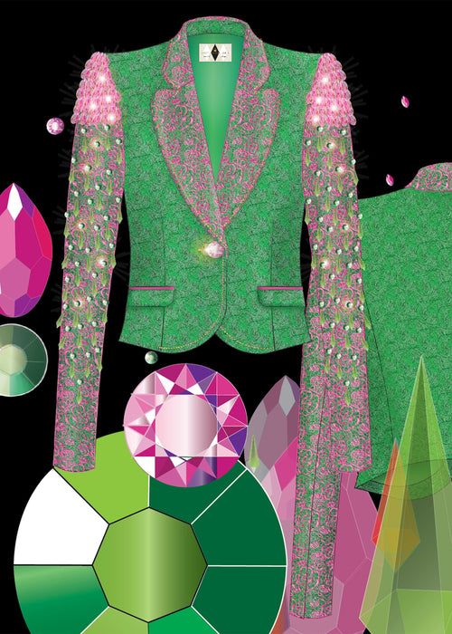 Digital fashion illustration of a couture green silk boucle matador jacket with crystal beads and rhinestones over pink re-embroidered Alencon lace sleeves by Stacy Stewart Smith on a black background with exampled crystal illustrations floating.