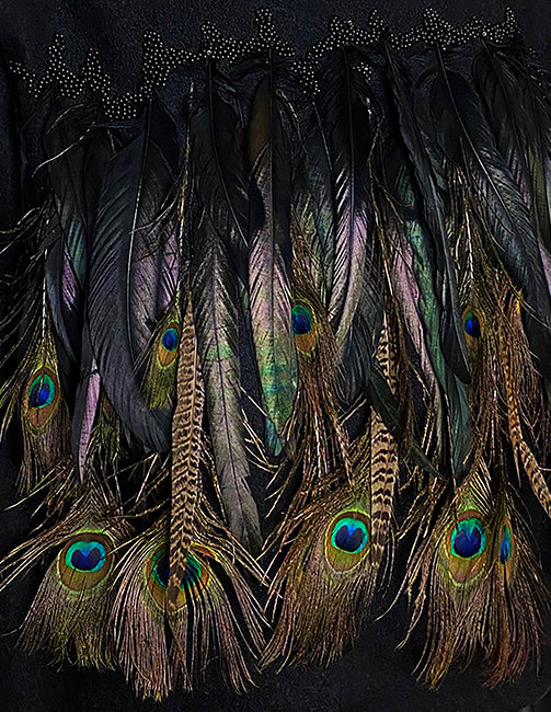 Stacy Stewart Smith — Pennaceous Beaded Boiled Wool Sweater design study. Peacock and pheasant feathers hand-applied against a black ground.