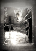 Mid-Week Dream Digital Limited Print of Drawing by Stacy Stewart Smith beneath etchings and magnifying glass of muscular man in a tank top and scull cap with illegible Mandarin type.