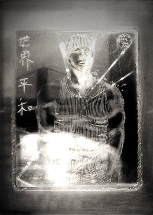 Mid-Week Dream Digital Limited Print of Drawing by Stacy Stewart Smith beneath etchings and magnifying glass of muscular man in a tank top and scull cap with illegible Mandarin type.