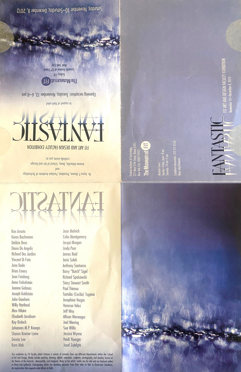 The front and back covers of the Fantastic Art Exhibit at the  Fashion institute of Technology with a list of participants and an artwork by James A. Cohn, on the cover a blue-toned cover on the front and a beige-toned cover on the back. Fine artist, Stacy Stewart Smith exhibited "Sanctuary For Peace" at this show in 2012. 