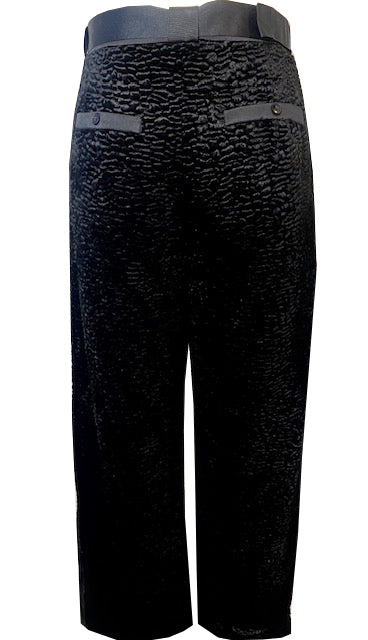 Stacy Stewart Smith Men's Faux Persian lamb pleated Windsor pants, shown floating back view.