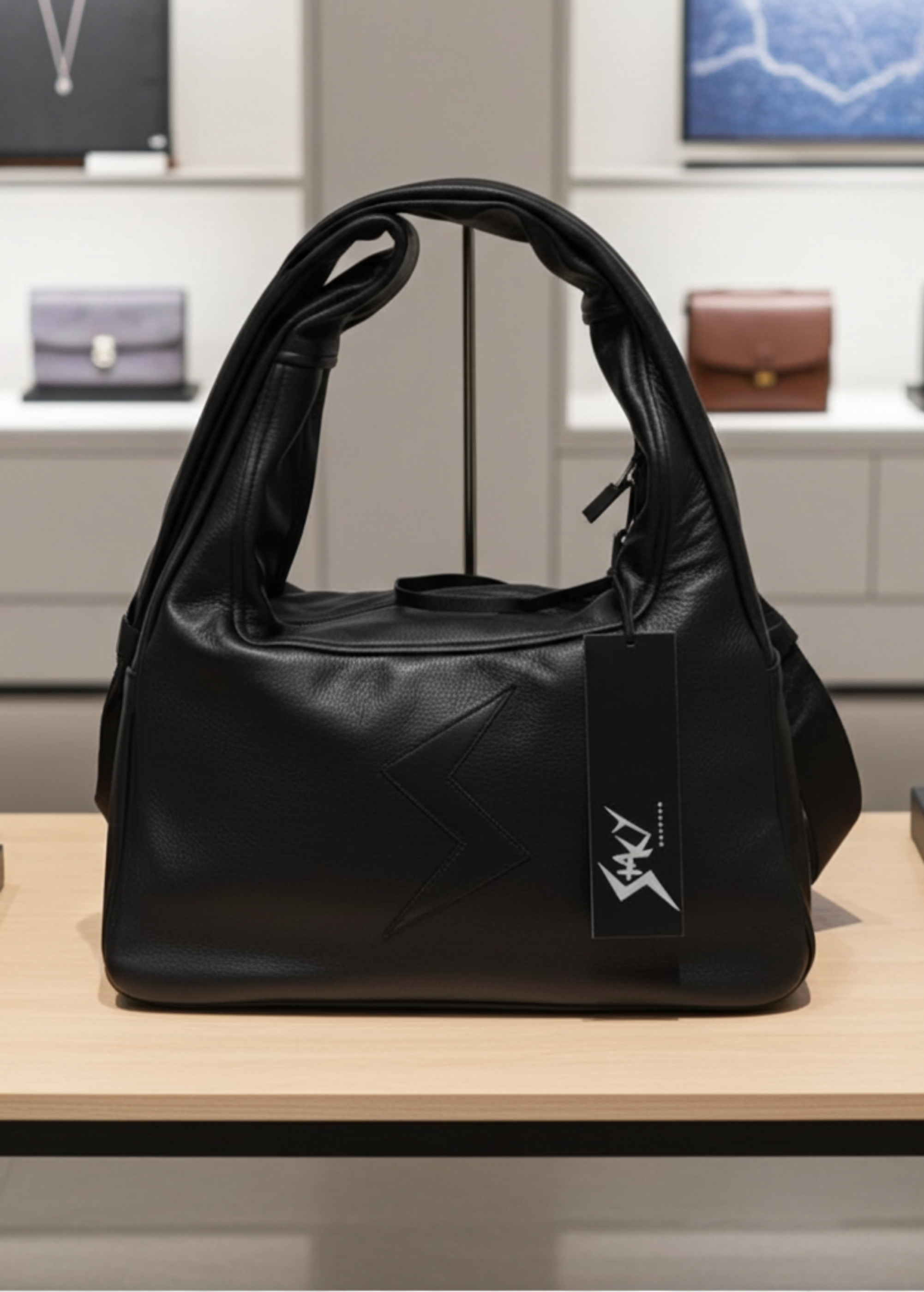 Stacy Stewart Smith Trapezoid Leather Messenger Bag in Onyx front view with the strap folder over the top left and the Stacy Couture brand hang-tag in a retail store AI produced backdrop