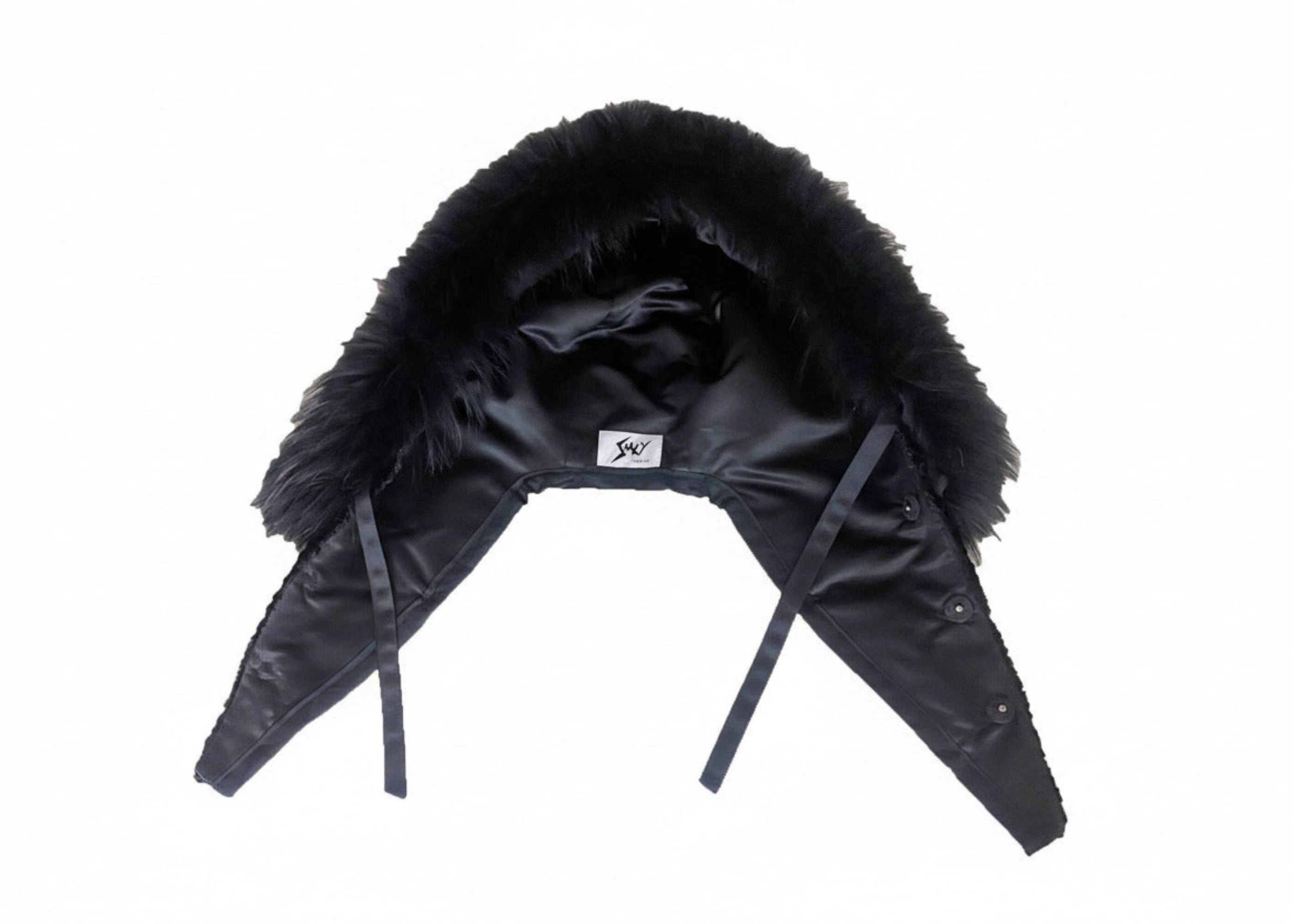 Stacy Stewart Smith Men's Black Knight Faux Persian Lamb Coat in Coal Black, detached hood frontal on white surface.