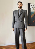 Stacy Stewart Smith Men's Highland Gentry Diamond Tweed Suit in Cement on mannequin 6'3" standing frontal in a room with an Antique White wall, an oil painting entitled Faith on the wall, and on a wooden floor.