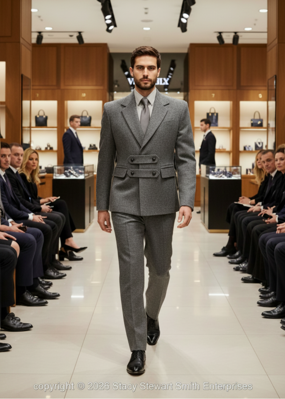 Stacy Stewart Smith Men's Highland Gentry Diamond Tweed Suit in CEMENT/ONYX on mannequin 6'3" walking frontal in a a department store trunk show with onlookers seated.