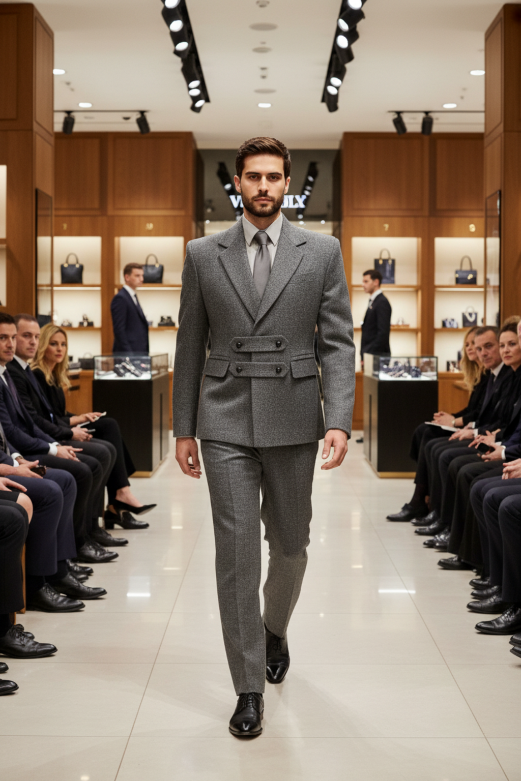 Stacy Stewart Smith Men's Highland Gentry Diamond Tweed Suit in CEMENT/ONYX on mannequin 6'3" walking frontal in a a department store trunk show with onlookers seated.