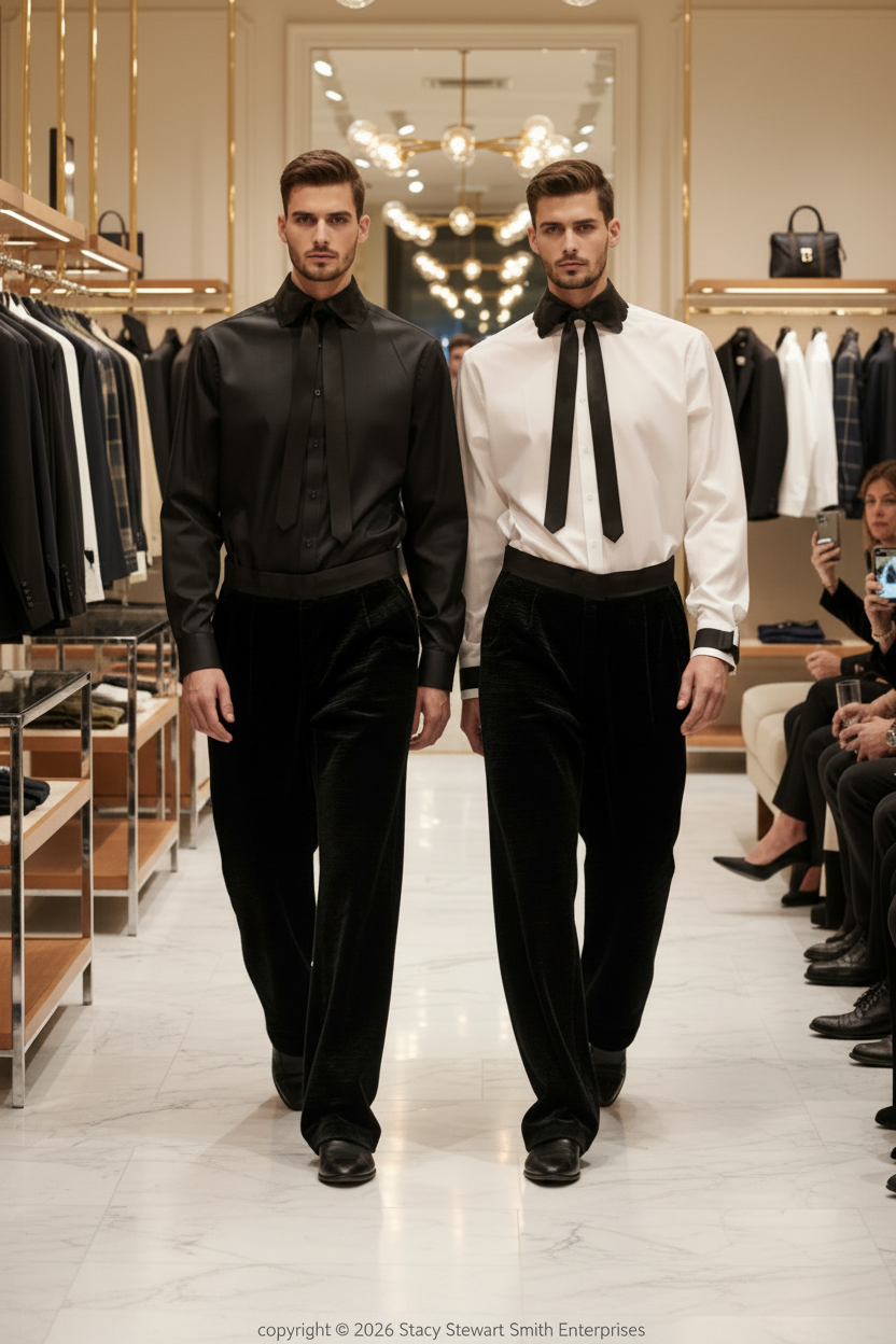 Stacy Stewart Smith Men's Cotton Tuxedo Dress Shirts with Paillette Collar & Western Ribbon Tie on two male models n luxury retail fashion show.