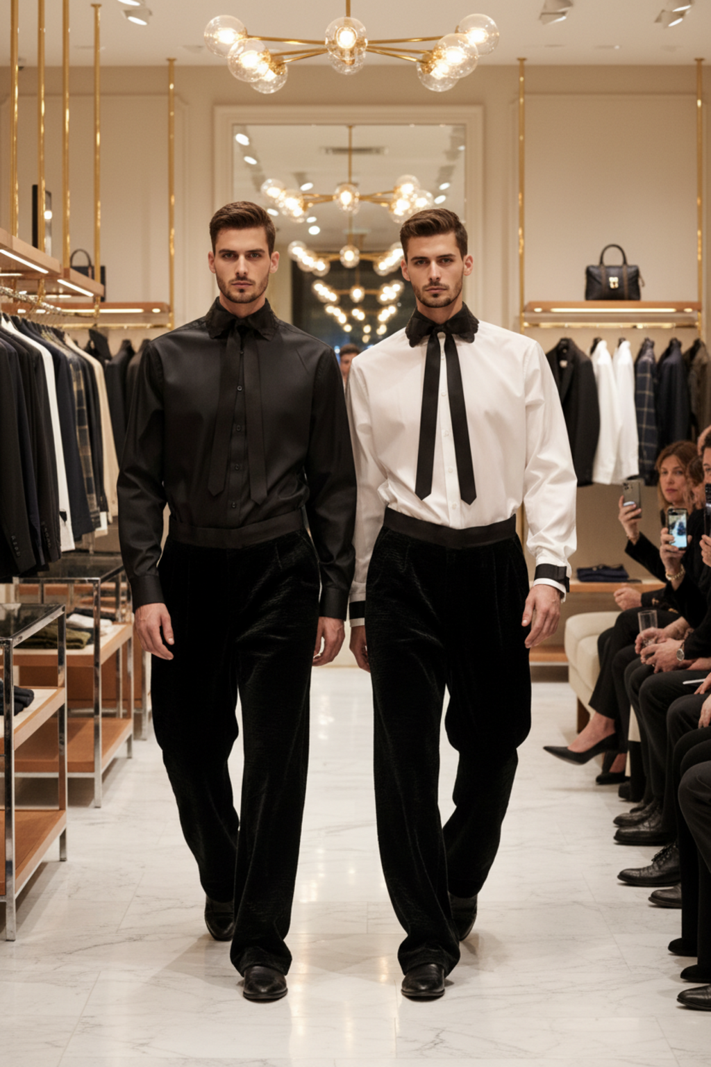 Stacy Stewart Smith Men's Cotton Tuxedo Dress Shirts with Paillette Collar & Western Ribbon Tie on two male models n luxury retail fashion show.