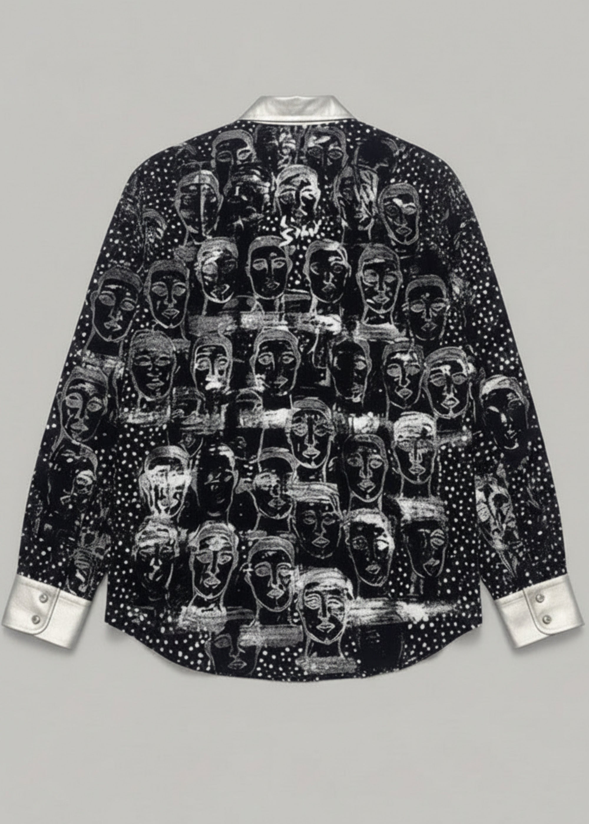 Stacy Stewart Smith Men’s Pawns in Silver on Black Hand-Painted Premium Cotton Percale Dress Shirt floating back view.