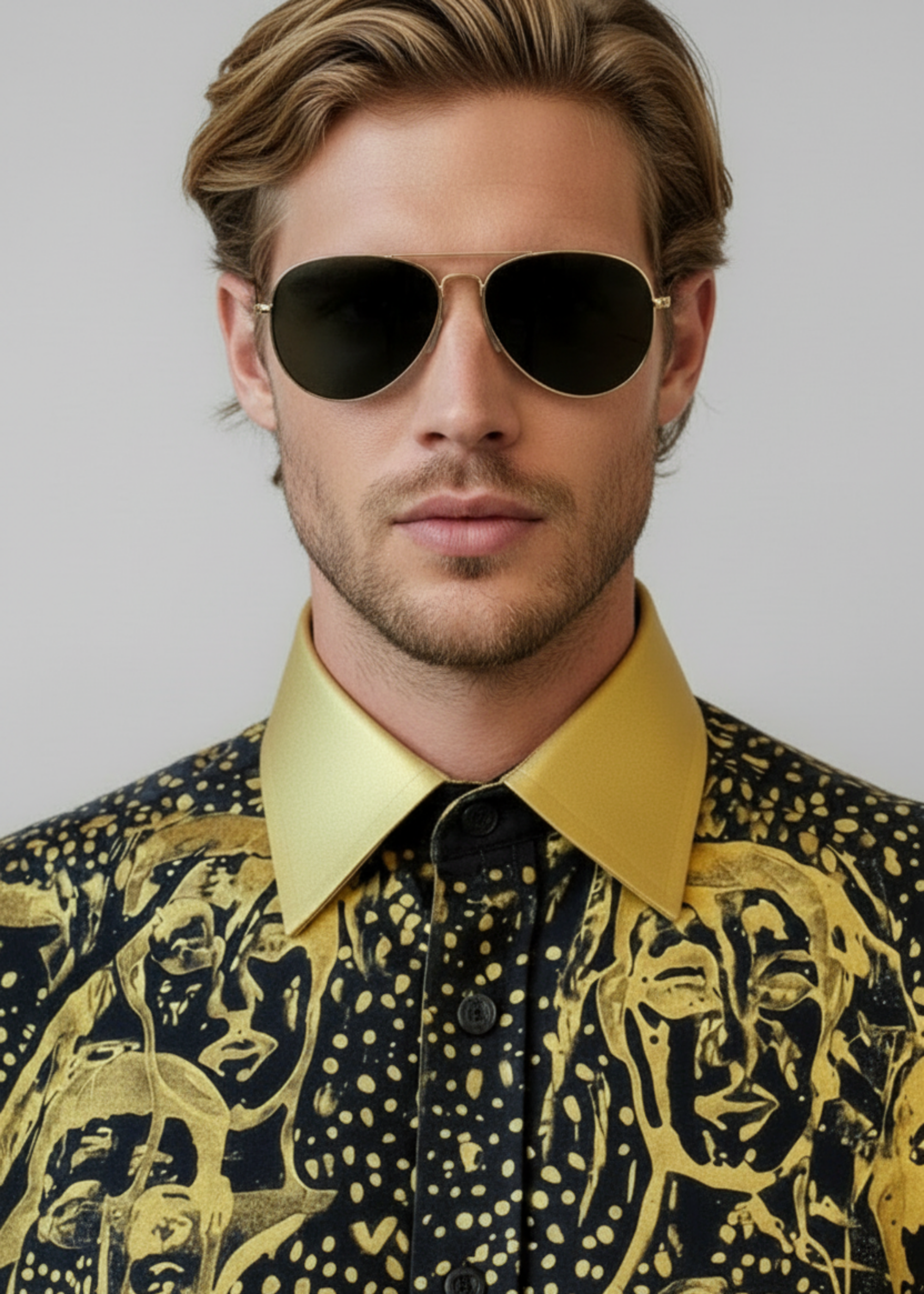 Stacy Stewart Smith Men's Pawns in Gold on Black Hand-Painted Premium Cotton Percale Dress Shirt on a mannequin 6'3" wearing sunglasses with a gray backdrop.
