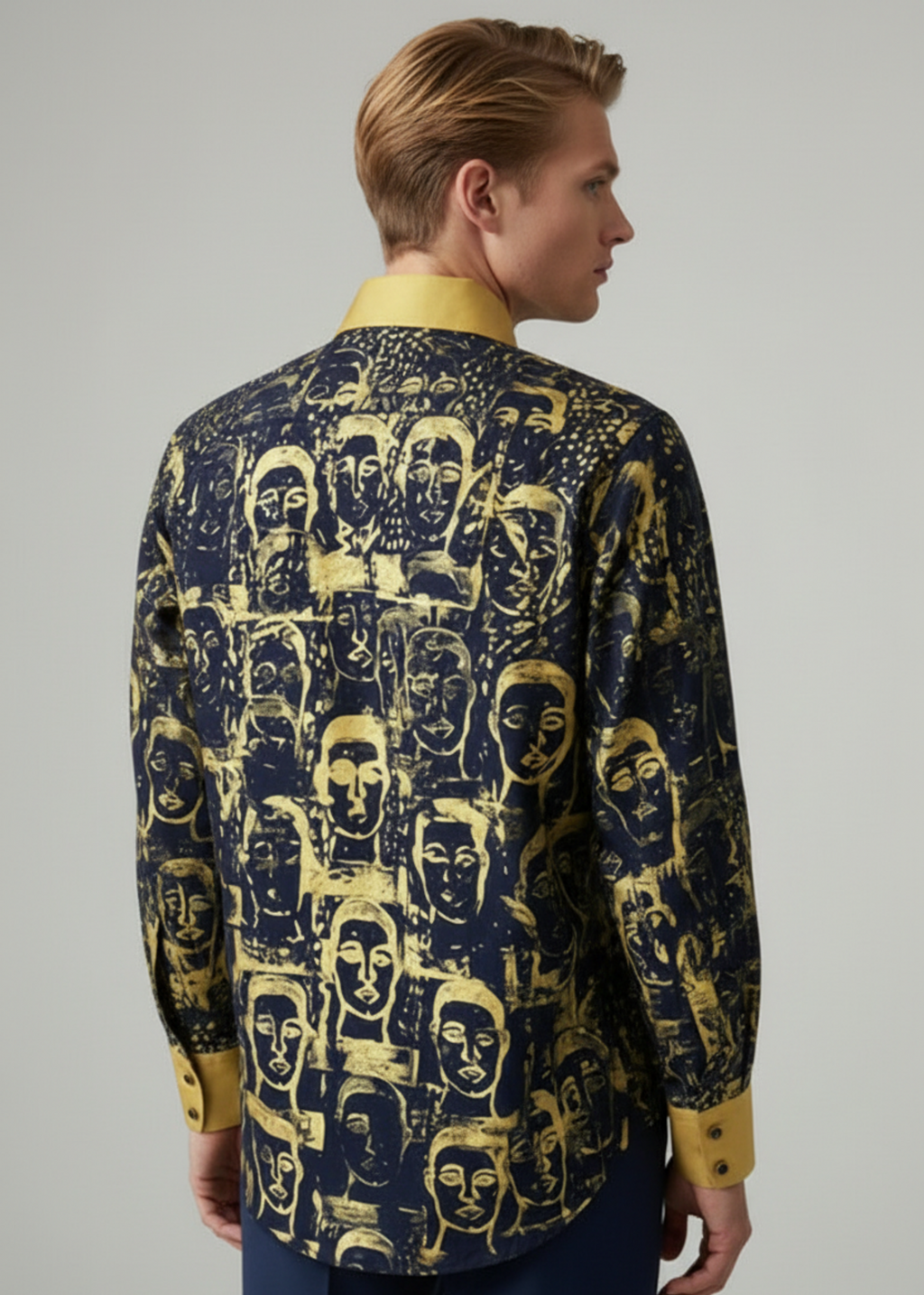 Stacy Stewart Smith Men's Pawns in Gold on Black Hand-Painted Premium Cotton Percale Dress Shirt on a mannequin 6'3" back view with gray backdrop.
