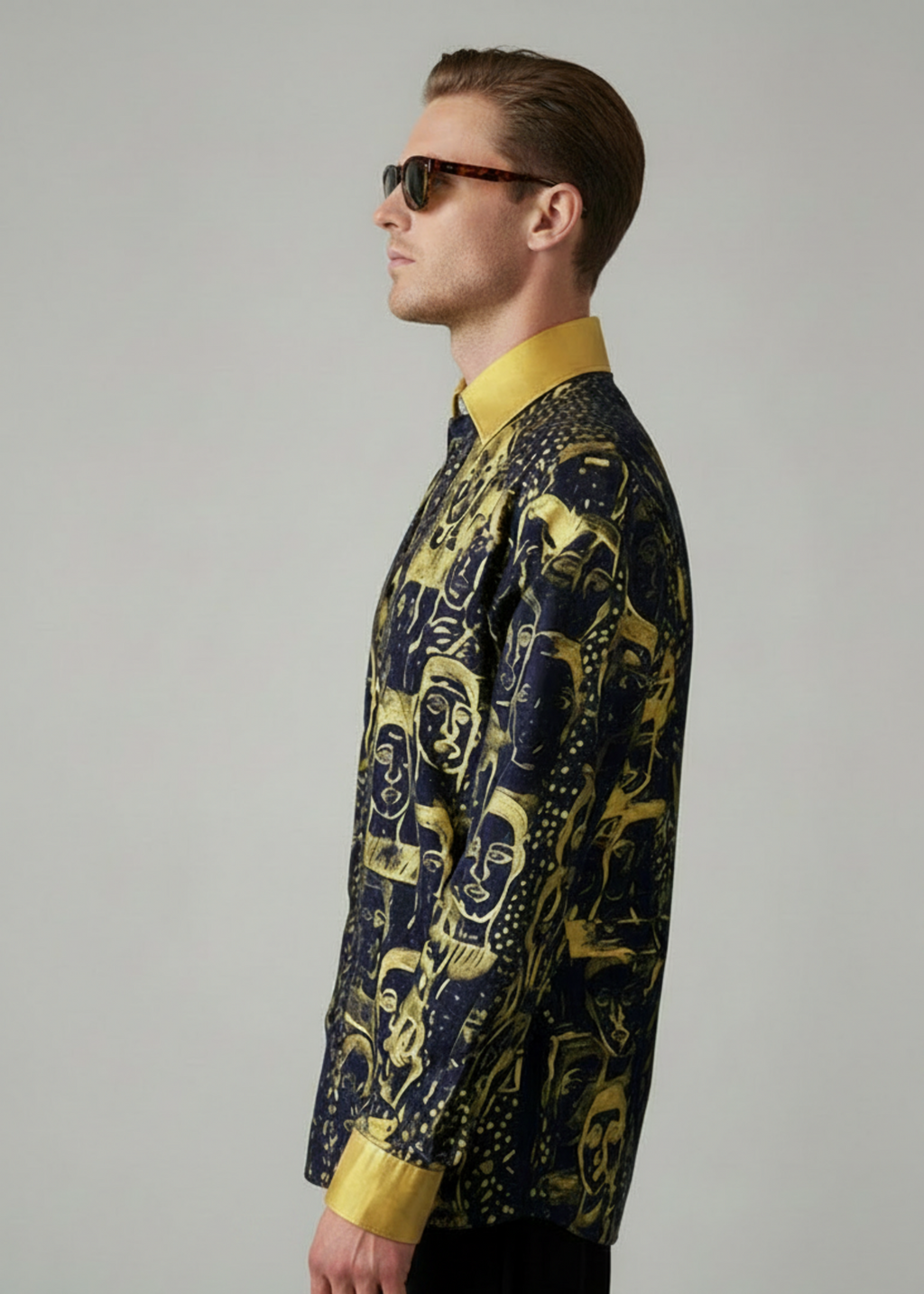 Stacy Stewart Smith Men's Pawns in Gold on Black Hand-Painted Premium Cotton Percale Dress Shirt on a mannequin 6'3" side view with a gray backdrop. 